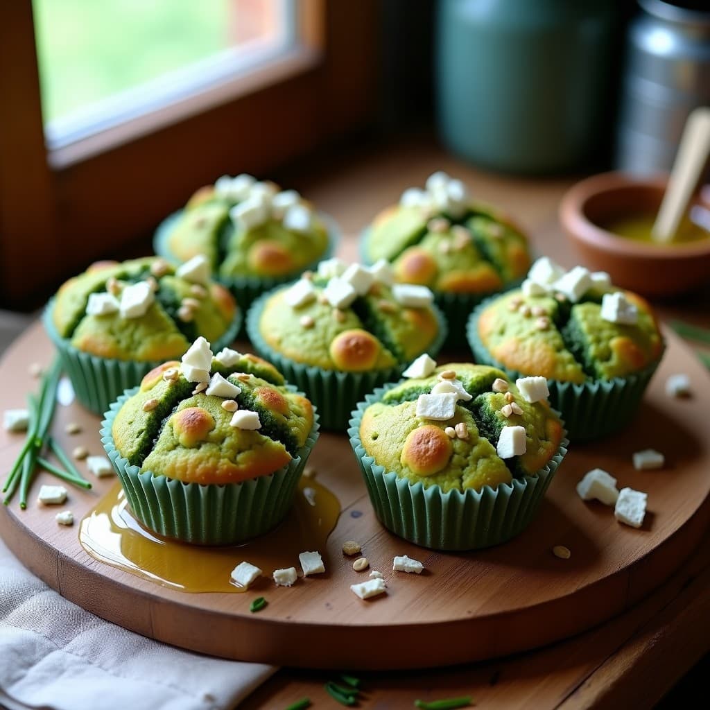 Muffins verdes esponjosos de espirulina y queso feta vegano con semillas de sésamo, horneados en molde de papel, con un toque de aceite de oliva virgen extra y cebolla morada. Plato saludable alto en hierro y proteína vegana.