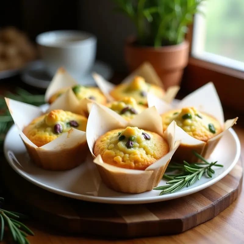 Muffins dorados de harina de garbanzo con trozos de espárragos trigueros y queso de oveja fundido, servidos en molde de papel sobre tabla de madera rústica. Receta de desayuno salado sin gluten.
