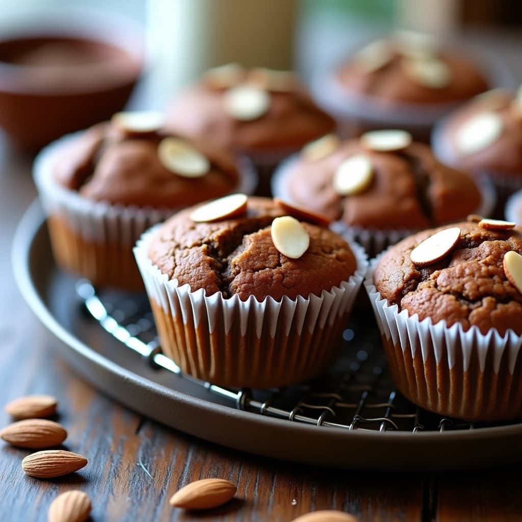 Muffins dorados de harina de almendra y pulpa de cacao en cápsulas de papel, con almendras fileteadas en la superficie, sobre una rejilla de enfriado de metal. Receta keto sin azúcar, textura esponjosa y color intenso.