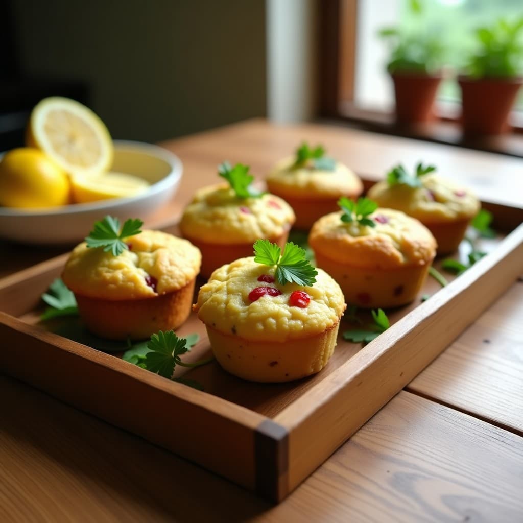 Muffins dorados y esponjosos de harina de banano verde y bacalao desalado, servidos en una bandeja rústica de madera con hojas de cilantro fresco y rodajas de limón, receta keto colombiana en 30 minutos.