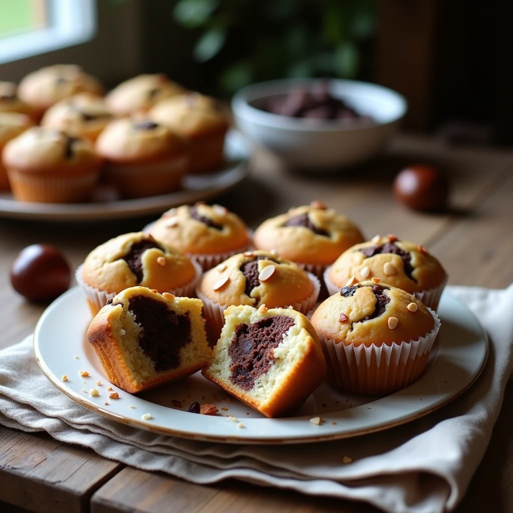 Muffins dorados de harina de castaña con trozos de chocolate 90% y almendras fileteadas, servidos en cápsulas de papel sobre una tabla de madera rústica, desayuno sin gluten y alto en magnesio.