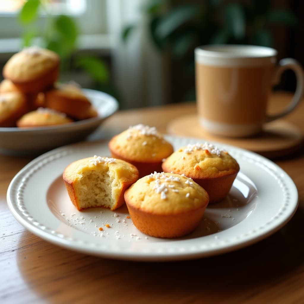 Muffins dorados de harina de coco y pulpa de noni, esponjosos y con un toque crujiente de coco rallado, servidos en cápsulas de papel sobre una mesa de madera rústica, desayuno hawiano sin gluten.