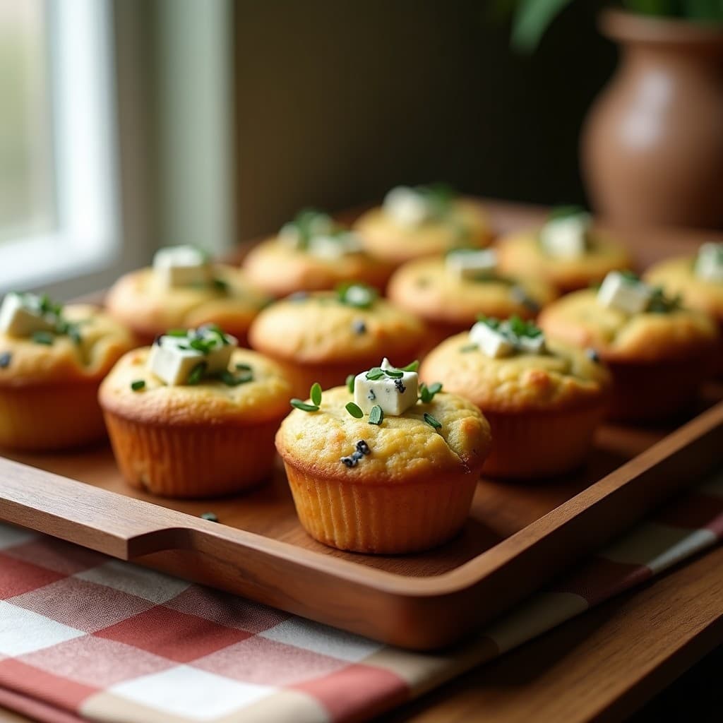 Muffins dorados y esponjosos de harina de guisante con trozos de queso azul vegano asomando, decorados con semillas de chía y cebollino picado, servidos en una bandeja de madera rústica con fondo de tela a cuadros.