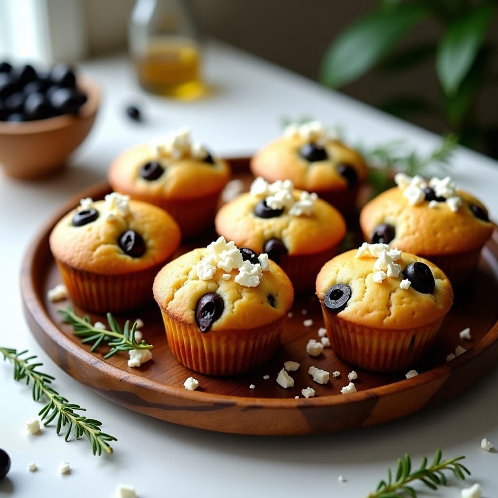 Muffins salados dorados con trocitos de oliva negra y queso feta desmenuzado, servidos en una bandeja de madera rústica con hierbas frescas y un hilo de aceite de oliva.