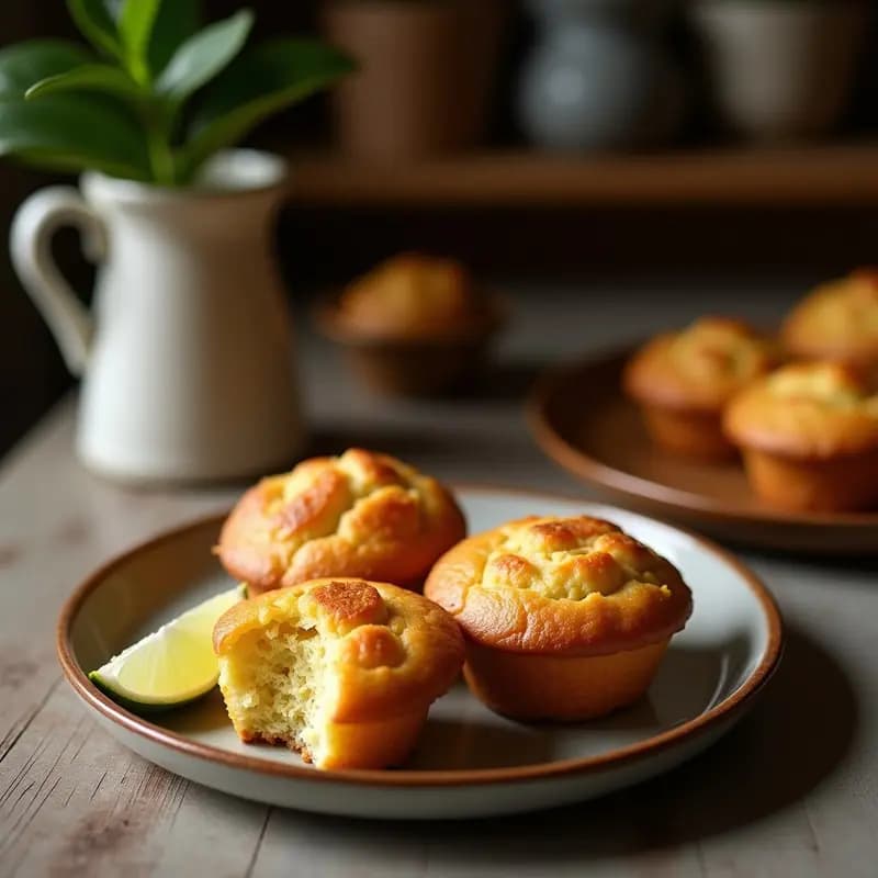 Muffins veganos de plátano macho y azúcar Domino en moldes de papel, decorados con coco rallado y nueces picadas, servidos en una bandeja de madera rústica con fondo borroso de cocina caribeña.