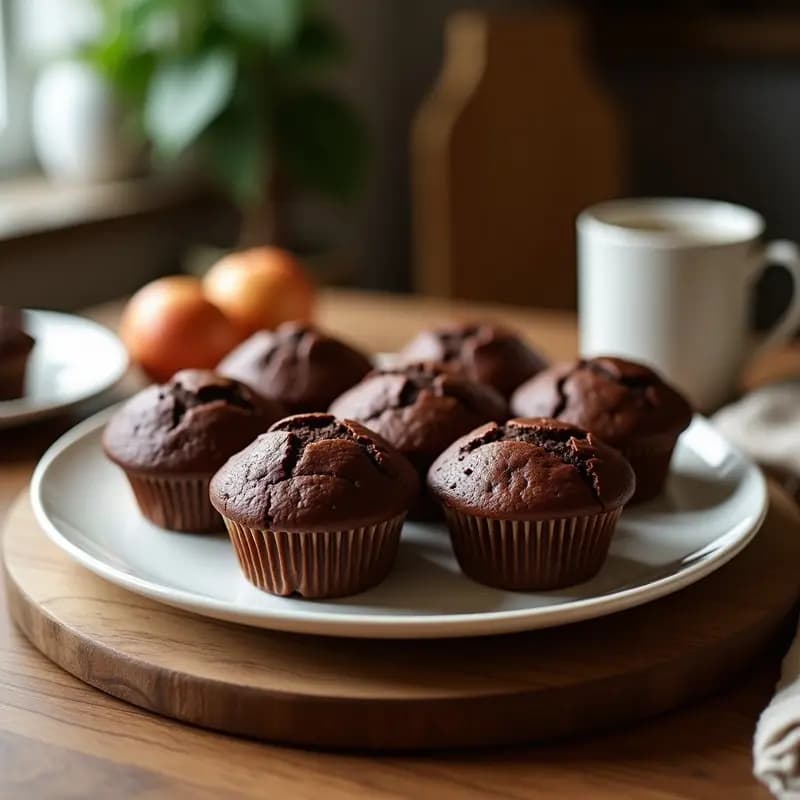 Muffins esponjosos de color marrón oscuro con topping de nueces picadas, servidos en cápsulas de papel sobre una tabla de madera rústica. Receta de desayuno colombiano sin harina refinada, con plátano maduro y cacao puro.