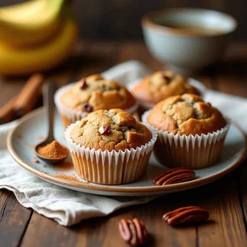 Muffins dorados de plátano y nueces con toque de canela, esponjosos y sin azúcar, servidos en cápsulas de papel sobre una tabla de madera rústica, con nueces pecanas enteras y una pizca de canela espolvoreada al lado.