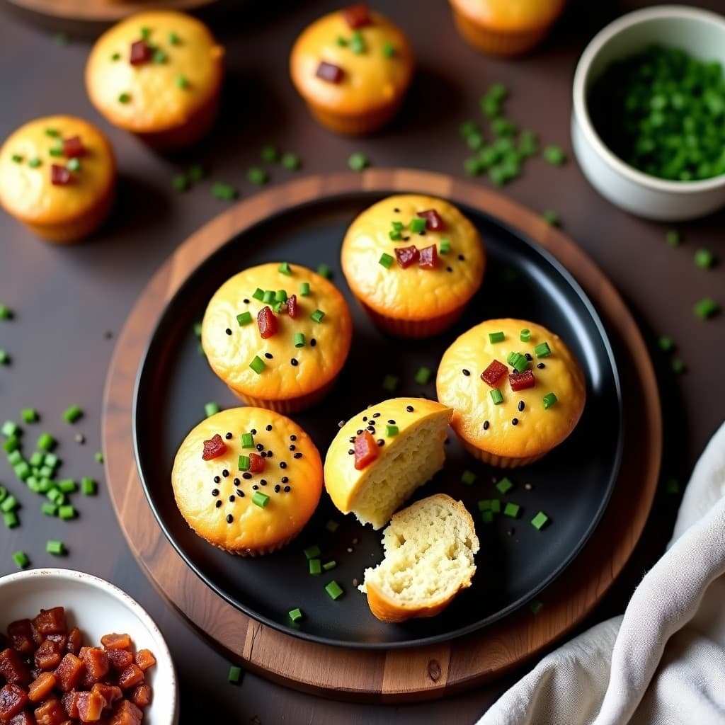 Muffins salados dorados de quinoa y puerro con trozos de tocino de tempeh crujiente, decorados con semillas de sésamo negro y cebollino fresco. Receta keto para tupper sobre fondo rústico de madera.