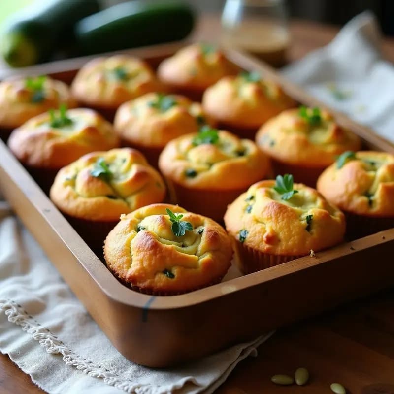 Muffins salados de calabacín y queso de castaña con toque de nuez moscada, receta sin lactosa, servidos en una bandeja de madera con perejil fresco y semillas de girasol.