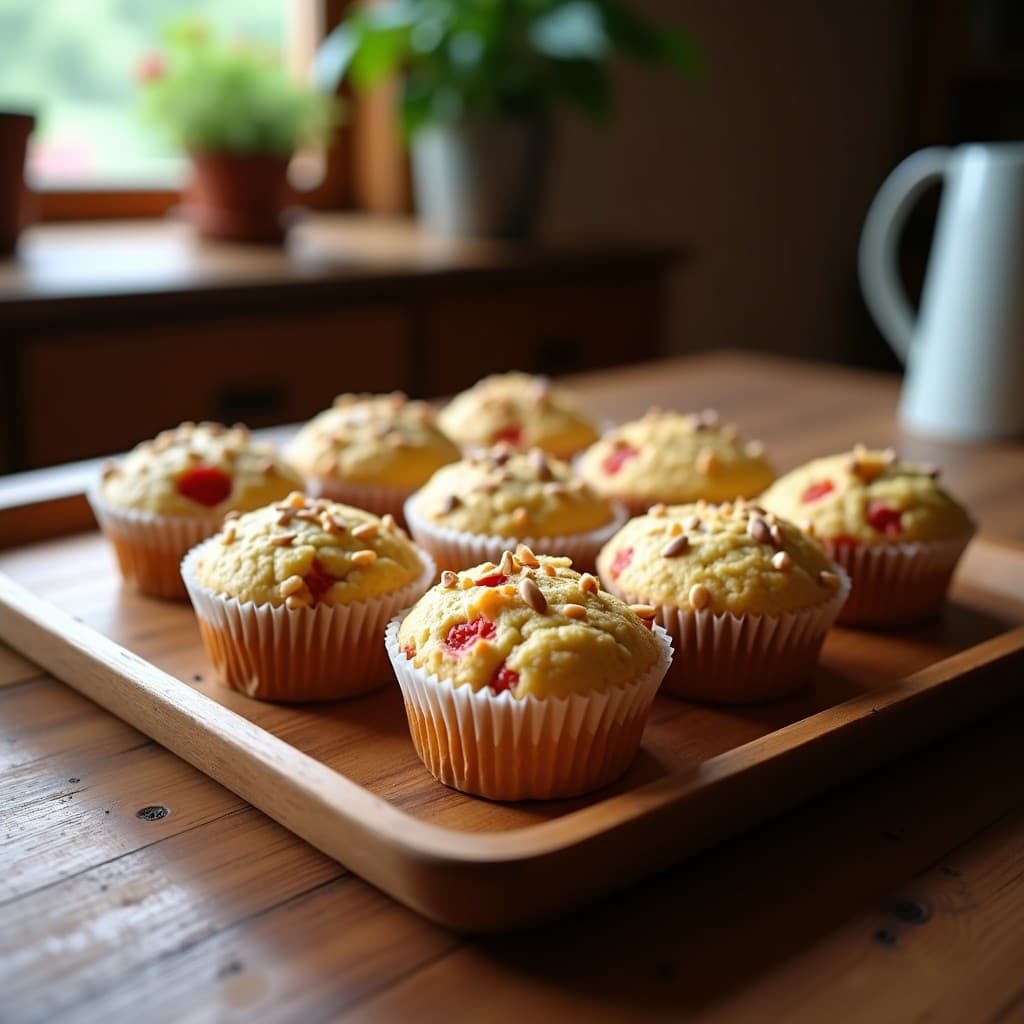 Seis muffins salados dorados de chía y pimiento rojo en cápsulas de papel, con semillas de girasol y parmesano rallado en la superficie, servidos en una bandeja de madera rústica con un fondo desenfocado de cocina.