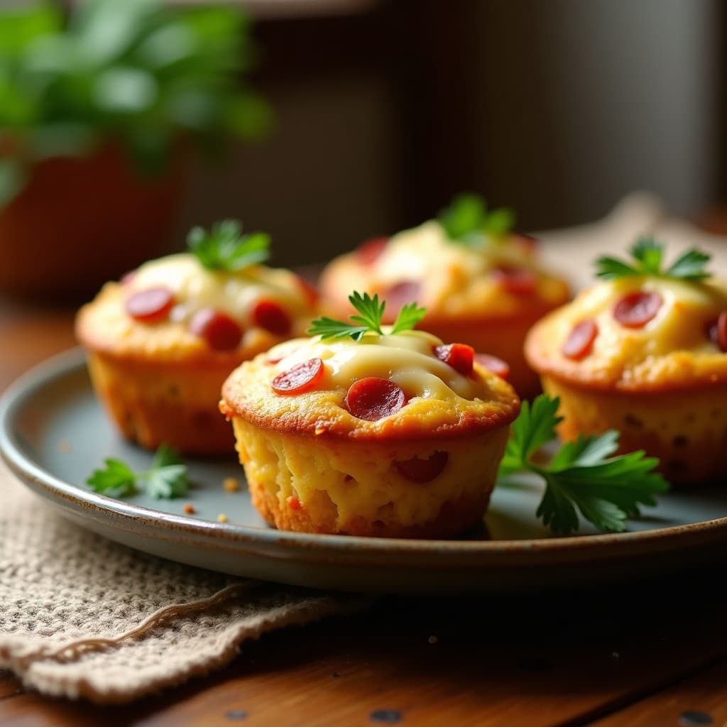 Muffins salados dorados de chorizo y queso manchego en molde negro, con trocitos de chorizo visibles y queso fundido por encima, servidos sobre tabla de madera rústica con perejil fresco.