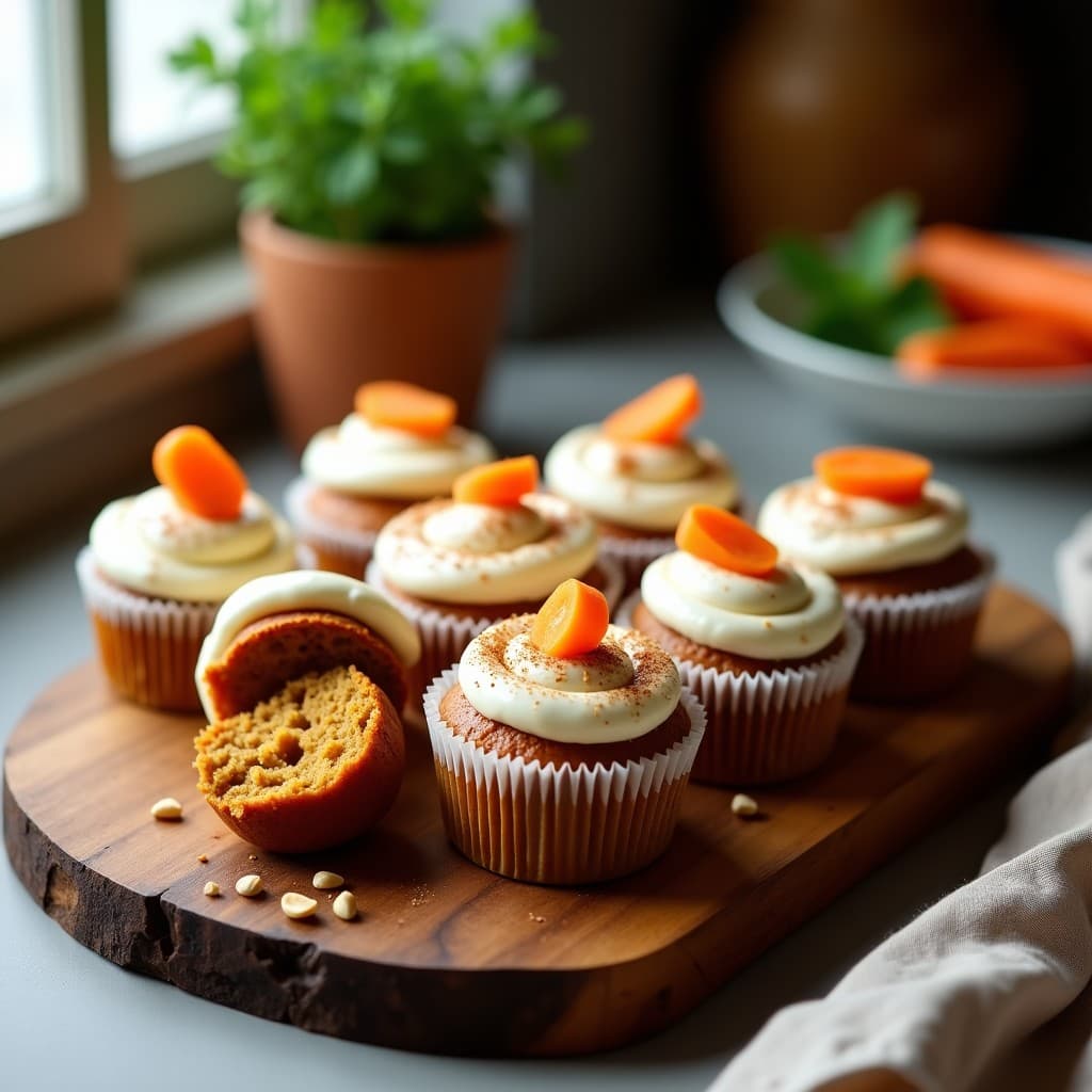 Muffins esponjosos de zanahoria y jengibre con frosting cremoso de anacardos sobre una tabla de madera rústica. Decorados con un toque de canela y coco rallado, perfectos para un desayuno vegano sin harina.