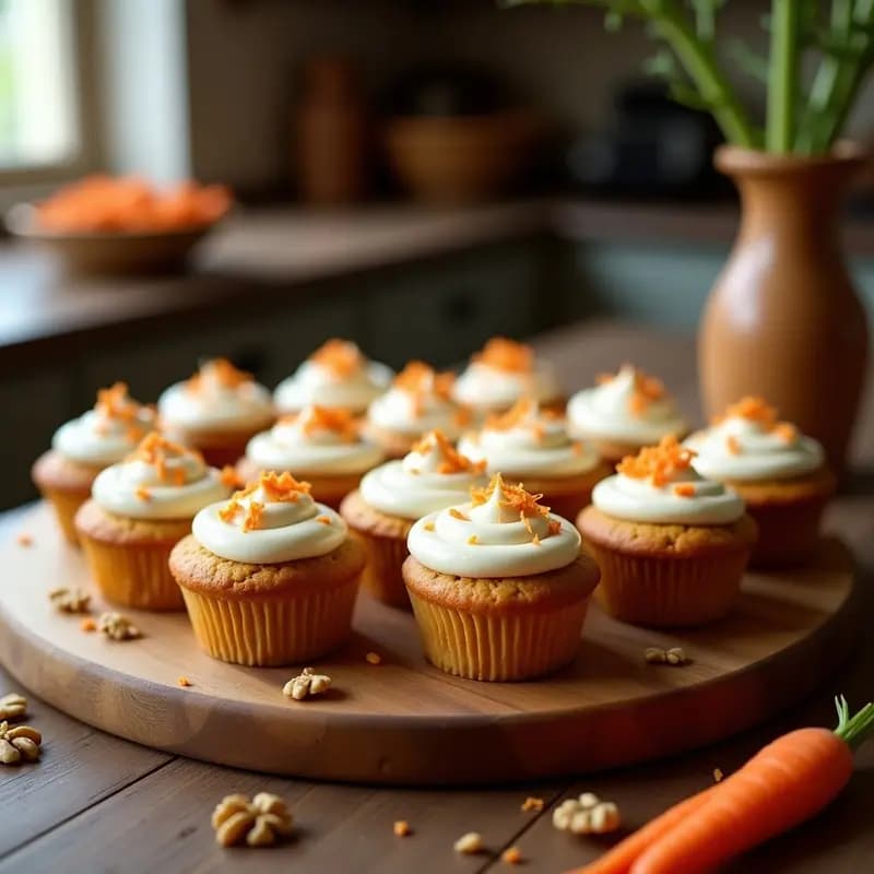 Muffins dorados de zanahoria y nueces con frosting de queso crema blanco y suave, decorados con nueces picadas tostadas, servidos en una bandeja de madera rústica con fondo borroso de cocina.