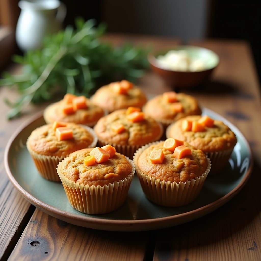 Muffins dorados de zanahoria y queso de cabra sin gluten, con trozos visibles de zanahoria naranja y migajas de queso cremoso. Presentados en molde de papel con fondo rústico de madera y hierbas frescas.