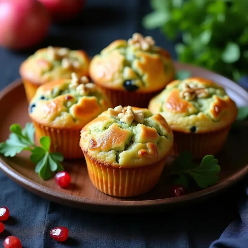 Muffins dorados y esponjosos de zucchini y queso azul sin harina, con trozos de nueces y cebollino fresco por encima, servidos en cápsulas de papel negro sobre una tabla de madera rústica. Receta salada para desayunar, ideal para tupper y redes sociales.