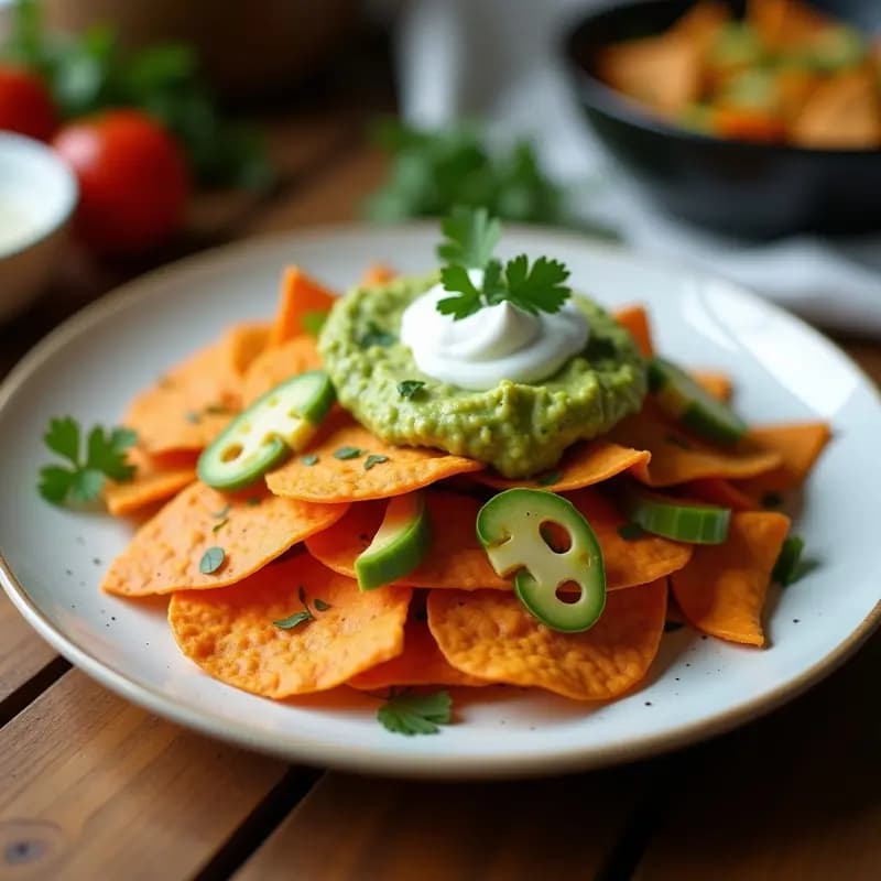 Plato colorido con nachos de batata dorados y crujientes, cubiertos de guacamole de mango cremoso con trozos verdes y naranjas, decorados con semillas de sésamo y hojas de menta. Acompañados de un bol pequeño con salsa de yogur de coco blanco. Receta vegana crujiente perfecta para aperitivo.
