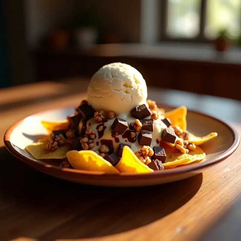Plato hondo con nachos de maíz cubiertos de chocolate negro fundido y queso cremoso derretido, coronados con una bola de helado de vainilla, sirope de chocolate y nueces picadas, snack dulce indulgente.