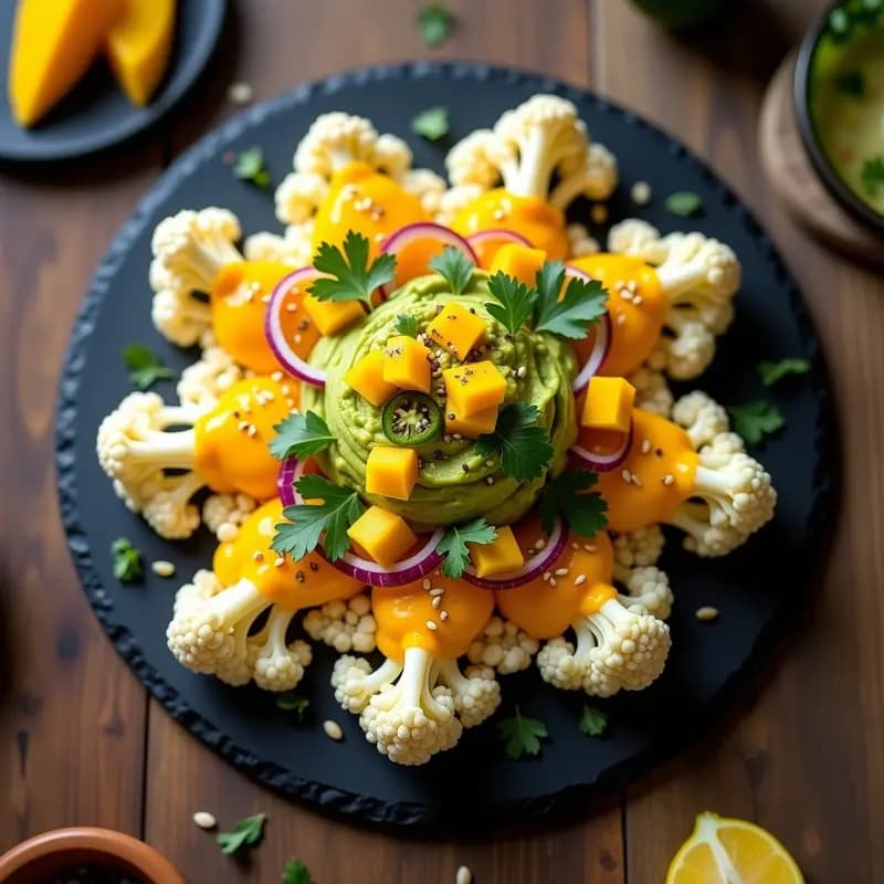 Fuente de piedra negra con nachos dorados de coliflor cubiertos de queso cremoso de cashew fundido y guacamole de mango en tonos vibrantes, decorado con jalapeños verdes y cilantro fresco. Receta crudivegana de nachos de coliflor con queso de cashew y guacamole de mango.
