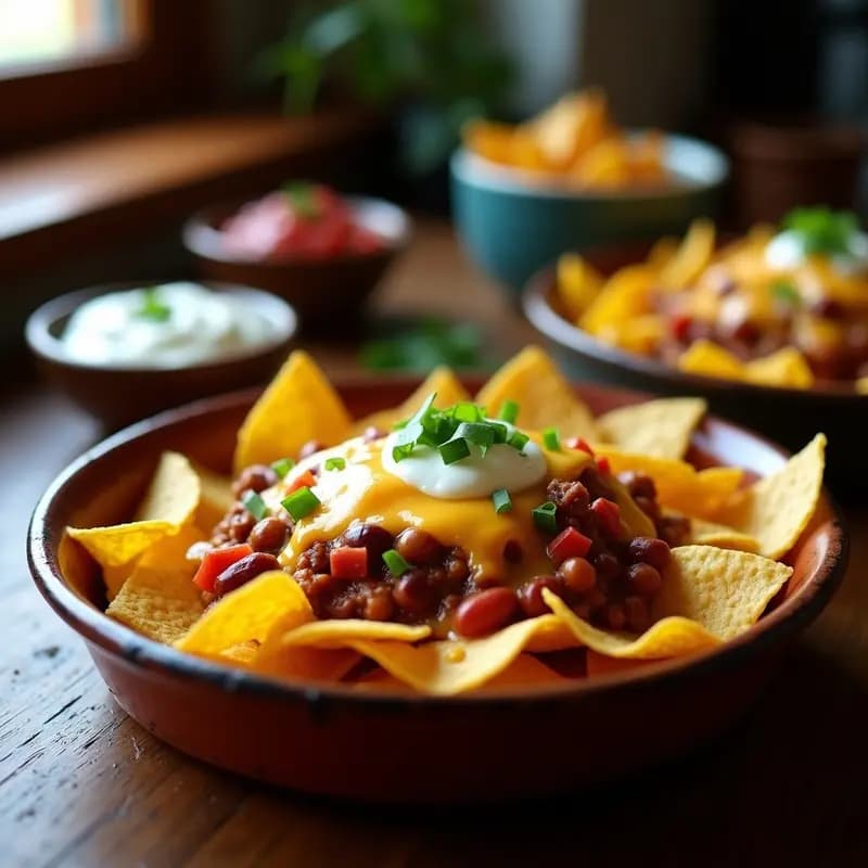 Bandeja de nachos dorados cubiertos de queso fundido de tres tipos (cheddar, gouda ahumado y mozzarella) con chili con carne espeso y trozos de pimiento rojo. Receta de nachos con queso fundido de 3 tipos y chili con carne.