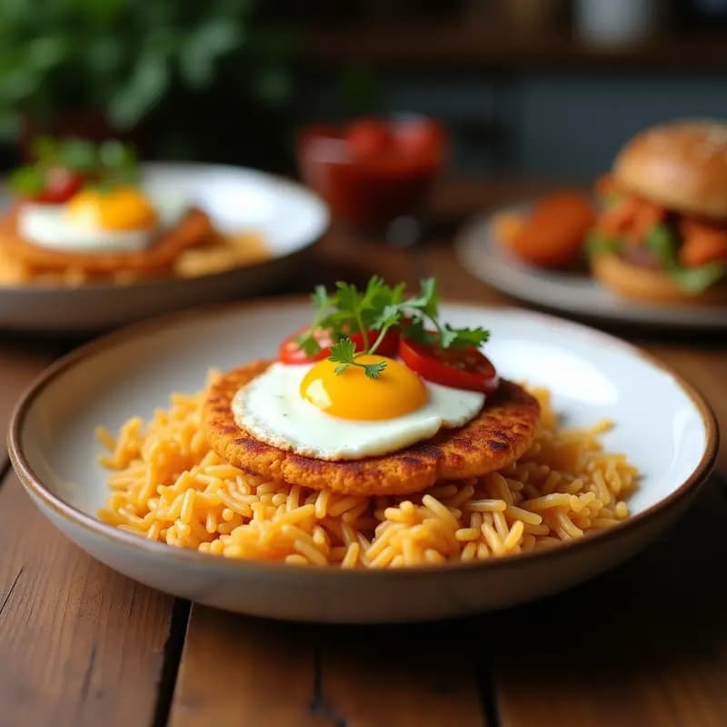 Plato hondo de cerámica blanca con Nasi Goreng indonesio: arroz dorado salteado con trozos de pollo, cebolla morada y especias, coronado con un huevo frito de yema líquida. Decorado con rodajas de pepino, gajos de limón y cebollino fresco. Fondo de madera rústica.