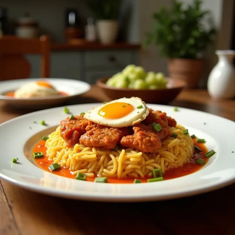 Wok de hierro fundido con Nasi Goreng con Pollo y Huevo, arroz dorado salteado con tiras de pollo, huevo revuelto, cebollino fresco y cacahuetes triturados. Plato indonesio picante servido en bol de cerámica negra con rodaja de limón y salsa teriyaki brillante.