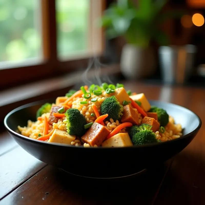 Plato de Nasi Goreng con Tempeh y Verduras al Wok: arroz dorado salteado con cubos de tempeh marrones, brócoli verde, zanahoria naranja y semillas de sésamo, decorado con cebollino fresco y servido en un bol negro con fondo de madera.