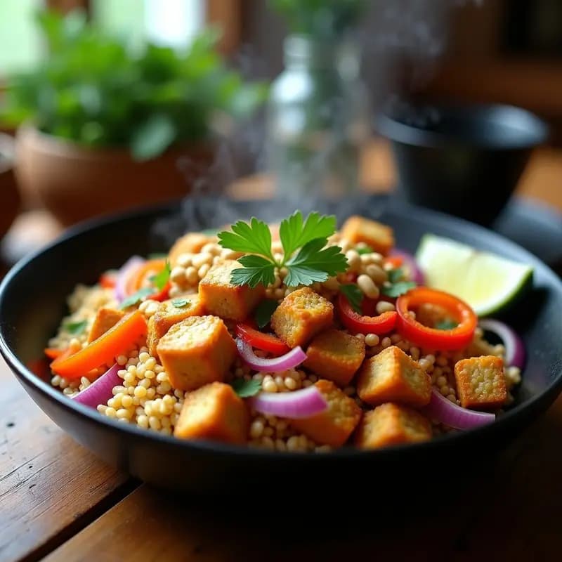 Plato hondo de cerámica negra con Nasi Goreng vegano de tempeh dorado, arroz basmati salteado con cebolla morada, zanahoria y pimiento rojo, decorado con cacahuetes picados y cilantro fresco. Receta indonesia alta en fibra y proteína.
