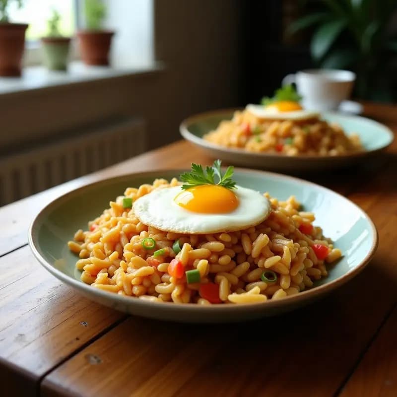 Wok humeante con Nasi Goreng Indonesio: arroz dorado salteado con tofu crujiente, huevo en trozos, cebolla morada, pimiento rojo y semillas de sésamo, decorado con cebollino fresco y rodaja de limón.