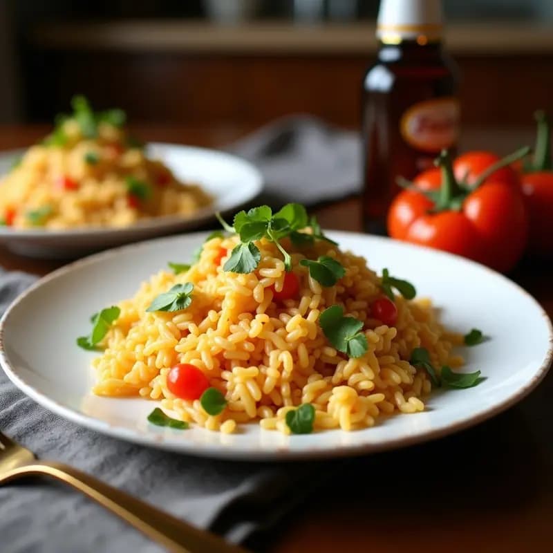 Plato hondo de cerámica negra con Nasi Goreng vegano indonesio: arroz frito dorado con cubos de tofu crujientes, tiras de pimiento rojo y cebolla morada, decorado con cilantro fresco, semillas de sésamo y una rodaja de lima al lado.