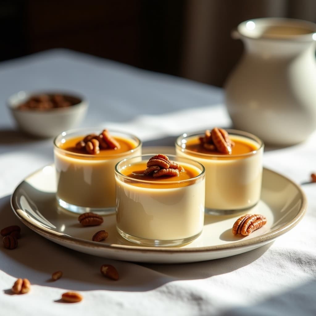 Natillas cremosas de chufa en copas de cristal transparente, cubiertas con caramelo dorado de erythritol y trozos crujientes de nueces pecanas, sobre un mantel rústico de lino blanco.