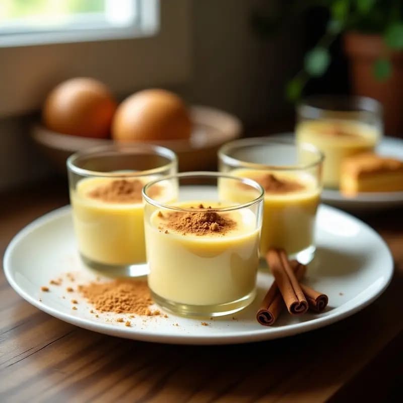 Vasitos de cristal transparente con natillas cremosas de vainilla, espolvoreadas con canela y coronadas con trozos de Galletas María trituradas. Postre clásico español tradicional y casero.