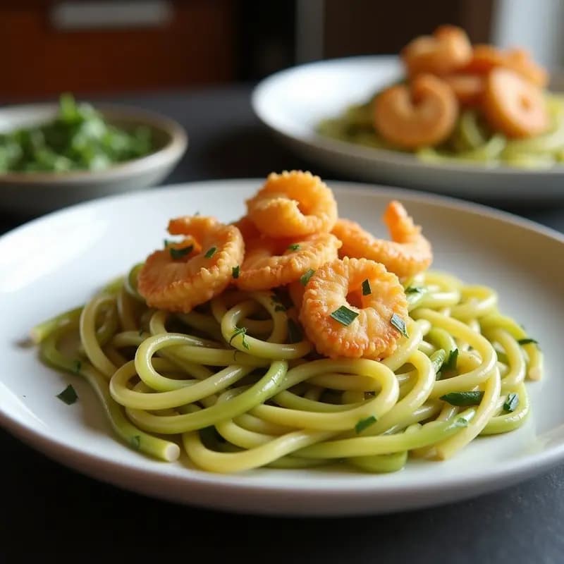 Plato japonés tradicional de Negi Soba con fideos de trigo sarraceno, tempura de camarón dorada y crujiente, cebolla verde fresca, alga nori y sésamo negro, servido en un bol hondo con caldo claro de ponzu y dashi.
