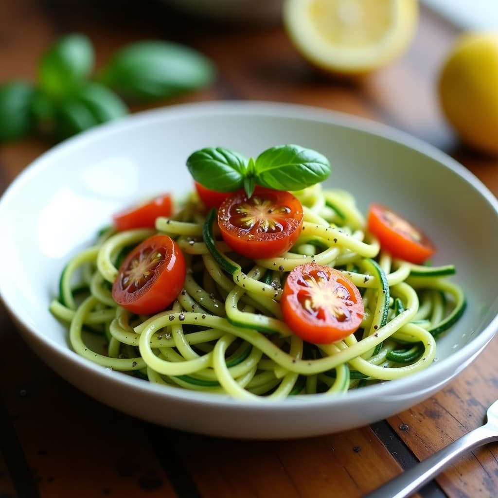 Plato blanco con noodles de calabacín verdes espiralizados, bañados en pesto de albahaca cremoso, acompañados de tomates cherry asados dorados y espolvoreados con semillas de sésamo. Receta low-carb y vegana.