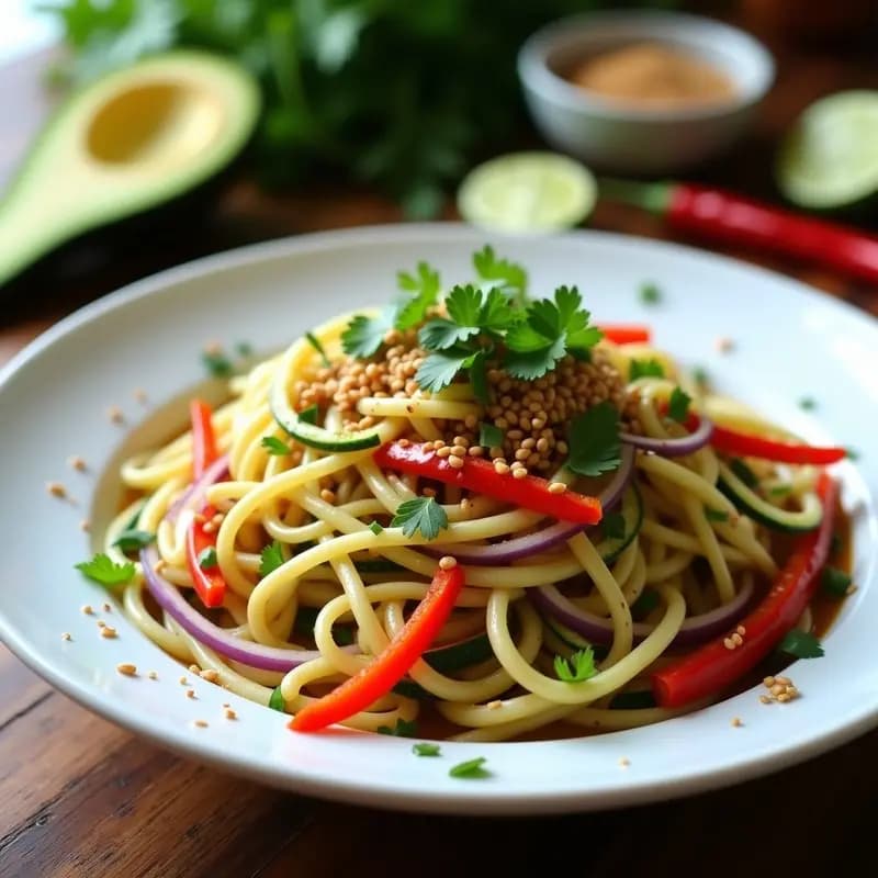 Plato hondo blanco con noodles de zucchini frescos, cebolla morada en juliana, pimiento rojo y cilantro, bañados en una salsa satay de cacahuete cremosa y espolvoreados con semillas de sésamo. Receta tailandesa vegana y crudivegana.