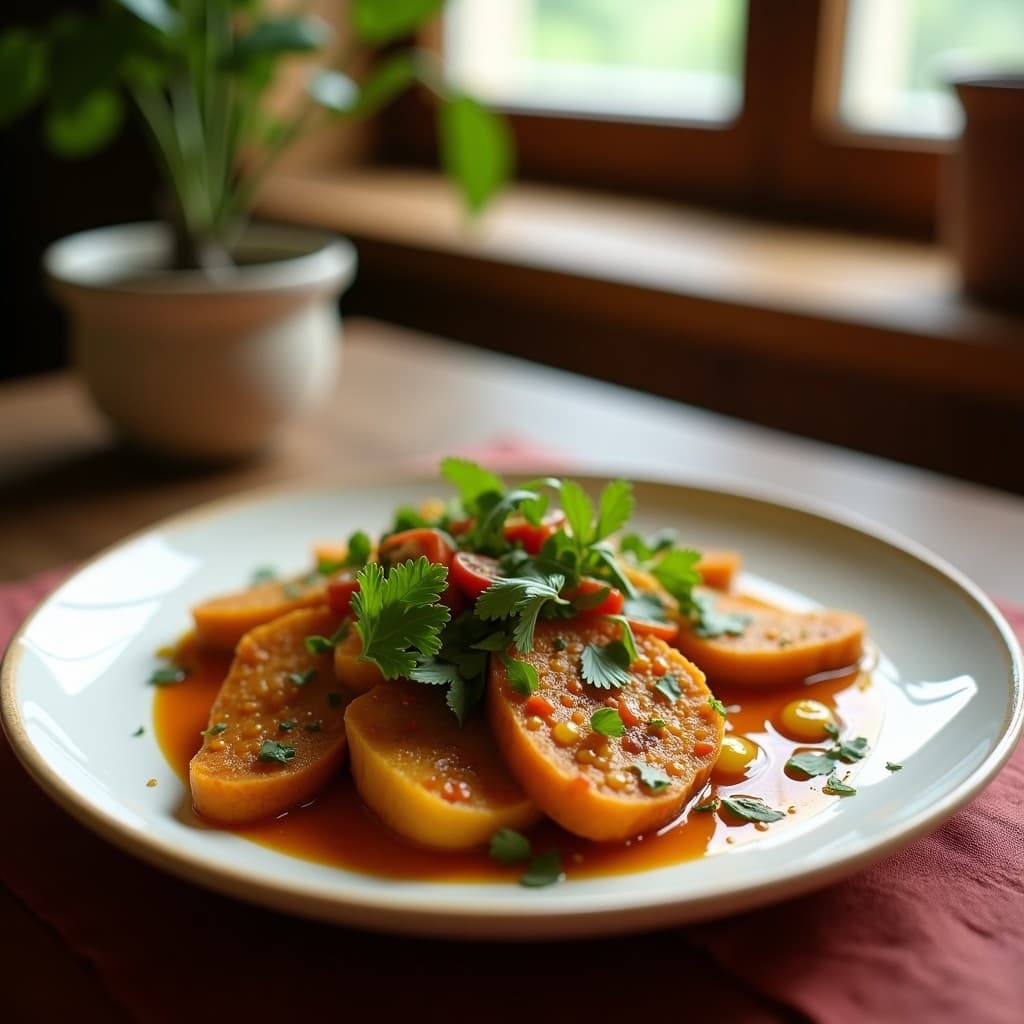 Plato blanco con ñoquis de calabacín dorados, bañados en salsa de ajo y perejil, espolvoreados con queso parmesano rallado y perejil fresco. Receta low-carb italiana en Thermomix.