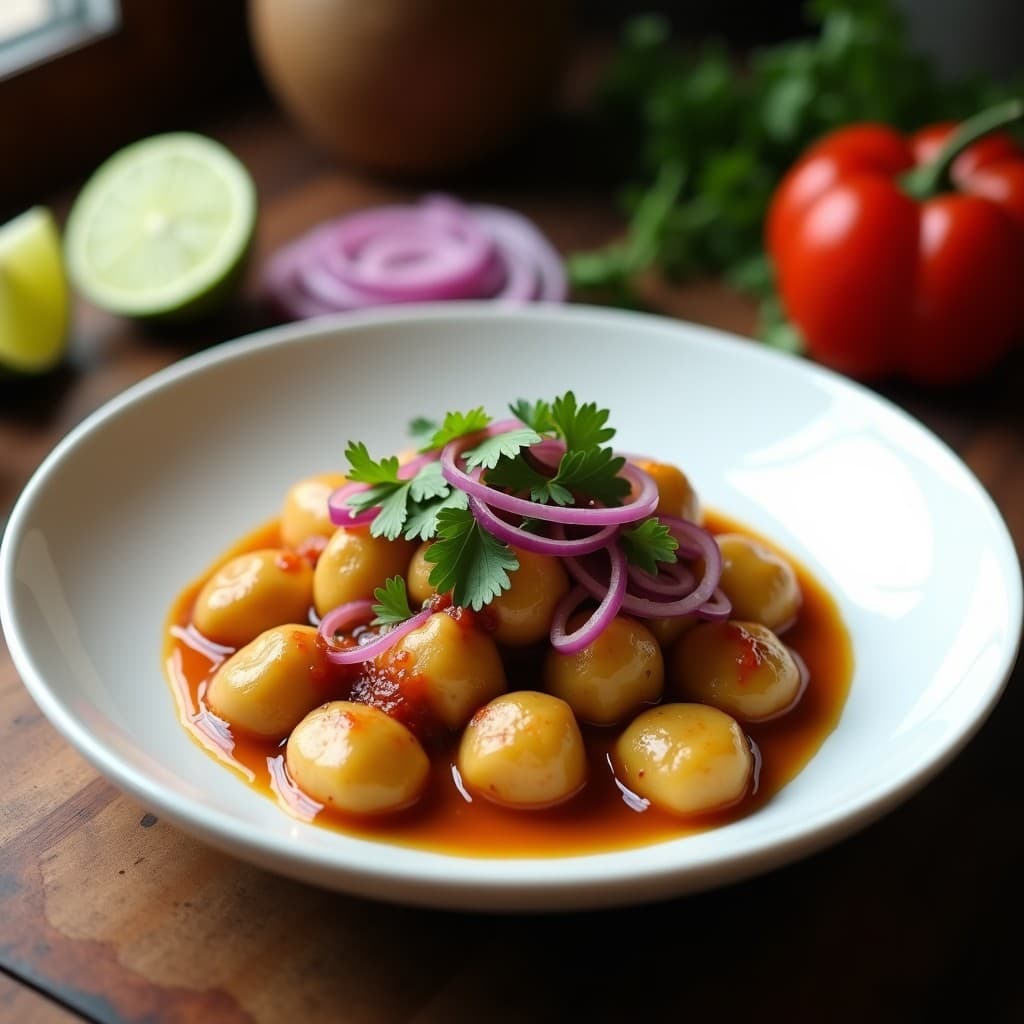 Plato hondo de cerámica negra con ñoquis de mandioca morada dorados en Airfryer, bañados en salsa de cacahuete y chile de color crema, decorados con cilantro fresco y semillas de sésamo. Fondo rústico con utensilios de madera y rodajas de lima.