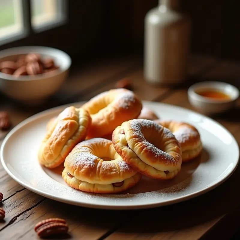 Novios de Arequipa dorados y crujientes rellenos de queso de cabra cremoso y pecanas tostadas, espolvoreados con azúcar glass, sobre un plato de cerámica blanca con fondo rústico de madera.