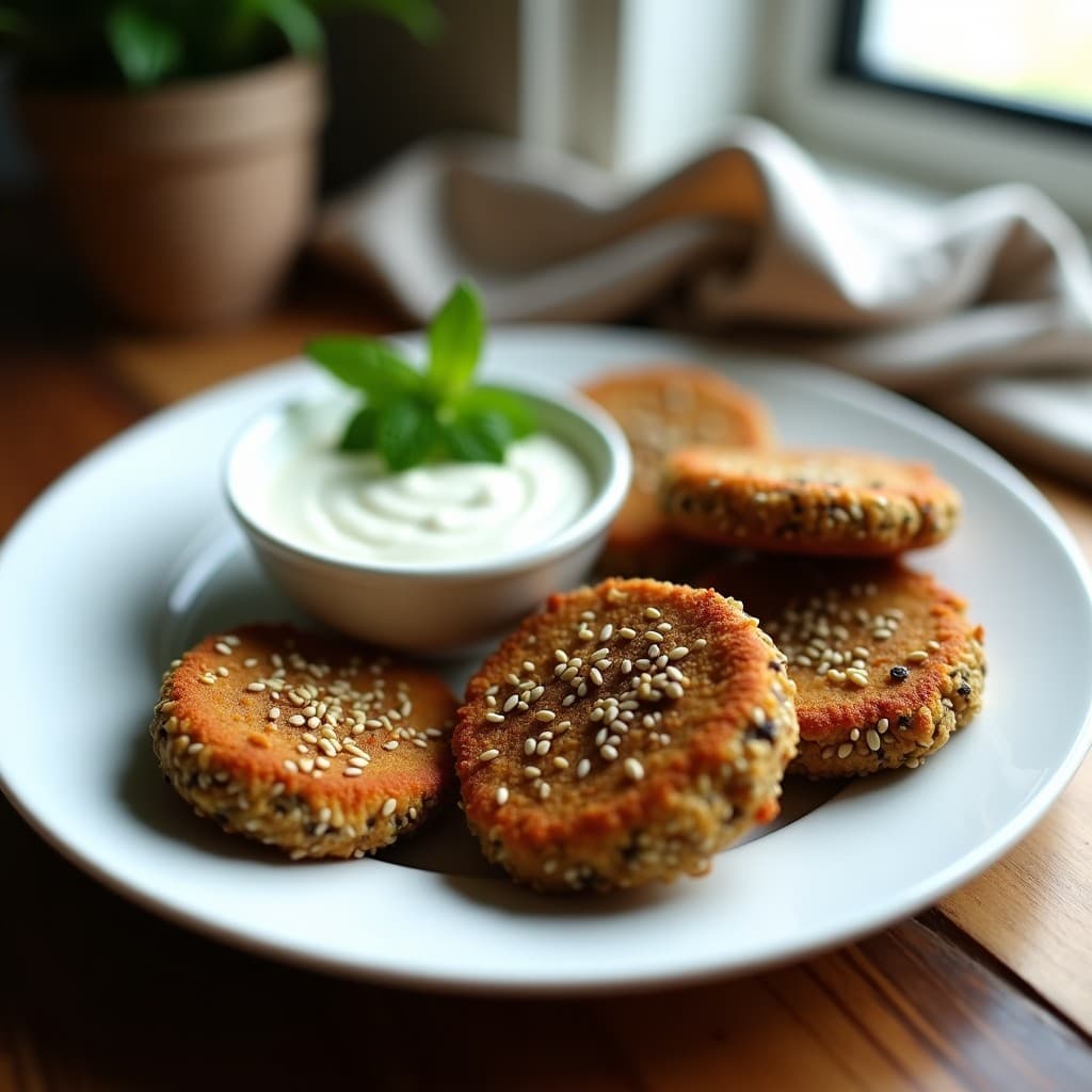 Plato blanco con nuggets de berenjena dorados y crujientes, empanizados con semillas de chía y girasol, acompañados de un dip cremoso de yogur y menta en un bol pequeño. Fondo rústico con hojas de menta fresca.