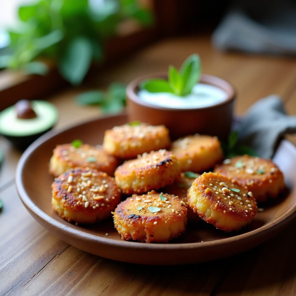 Nuggets dorados y crujientes de berenjena con costra de semillas de sésamo y almendra, servidos en un plato blanco con salsa de yogur, receta en airfryer sin harina.