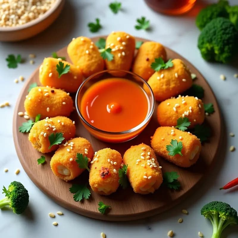 Nuggets de brócoli y queso cheddar dorados y crujientes servidos en tabla de madera con salsa de sriracha y miel en recipiente de cristal, decorados con semillas de sésamo. Plato colorido y apetitoso, ideal para redes sociales.