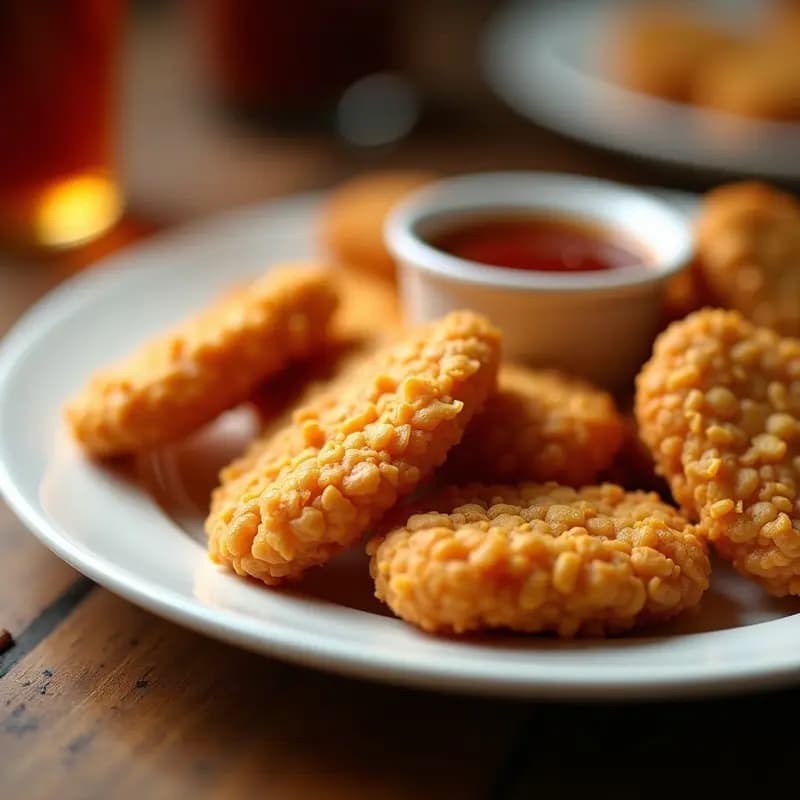 Plato blanco con nuggets de pollo empanizados con cereales Cap’n Crunch dorados y crujientes, acompañados de salsa barbacoa en un recipiente pequeño. Fondo difuminado con textura de madera de mesa rústica.