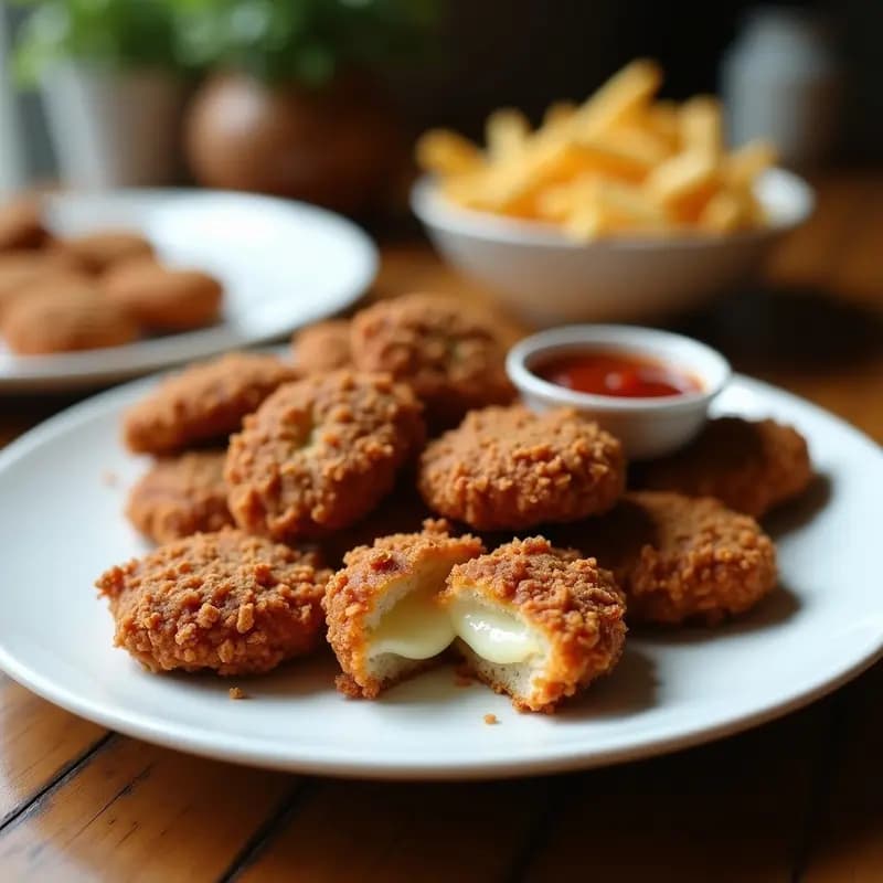 Nuggets de pollo dorados y crujientes empanizados con cereales de desayuno de chocolate, servidos en un plato blanco con salsa barbacoa, receta para niños en airfryer.