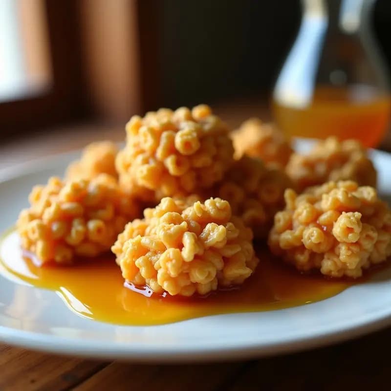 Plato de nuggets de pollo dorados y crujientes rebozados en cereales de desayuno, bañados en una salsa brillante de miel mostaza, servidos en una fuente blanca con fondo borroso de cocina.