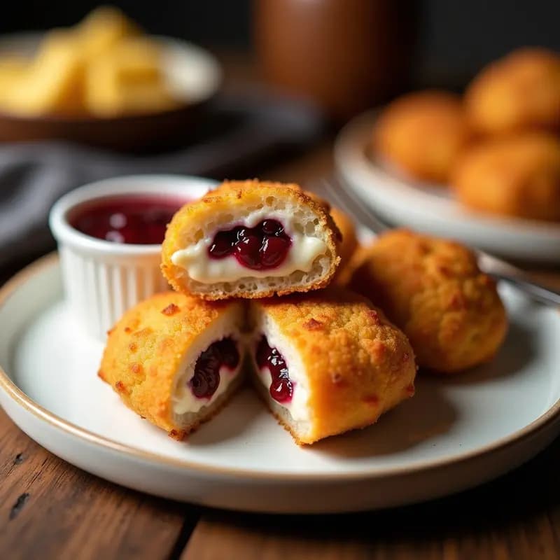 Nuggets de pollo dorados y crujientes rellenos de queso azul y mermelada de arándanos, servidos en una tabla de madera con salsa barbacoa para mojar. Receta de nuggets de pollo rellenos de queso azul y mermelada de arándanos.