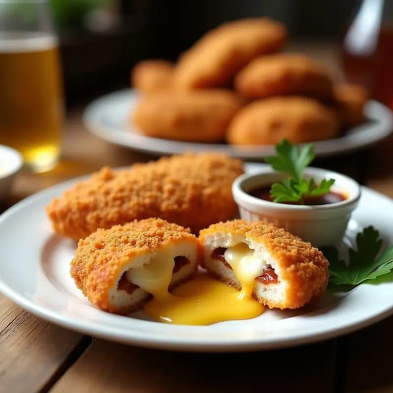 Nuggets de pollo dorados y crujientes rellenos de queso mozzarella fundido y bacon, servidos en un plato blanco con salsa barbacoa al lado. Receta explosiva de nuggets de pollo rellenos de queso y bacon.