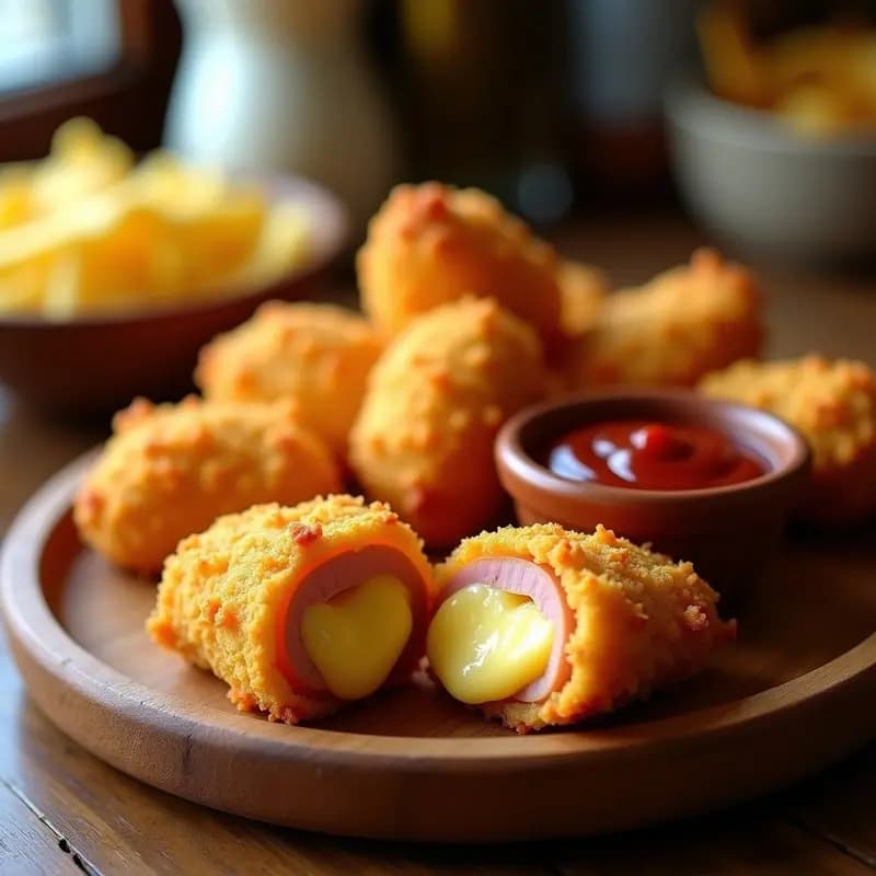 Nuggets de pollo dorados y crujientes rellenos de queso Gouda y jamón York, empanizados con patatas fritas trituradas, servidos en una fuente con salsa barbacoa y ketchup.