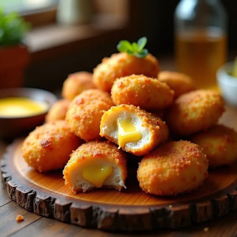 Nuggets de pollo dorados y crujientes rellenos de queso mozzarella fundente, bañados en una salsa brillante de miel mostaza, servidos en una fuente de madera con más salsa al lado. Receta adictiva de snack frito.