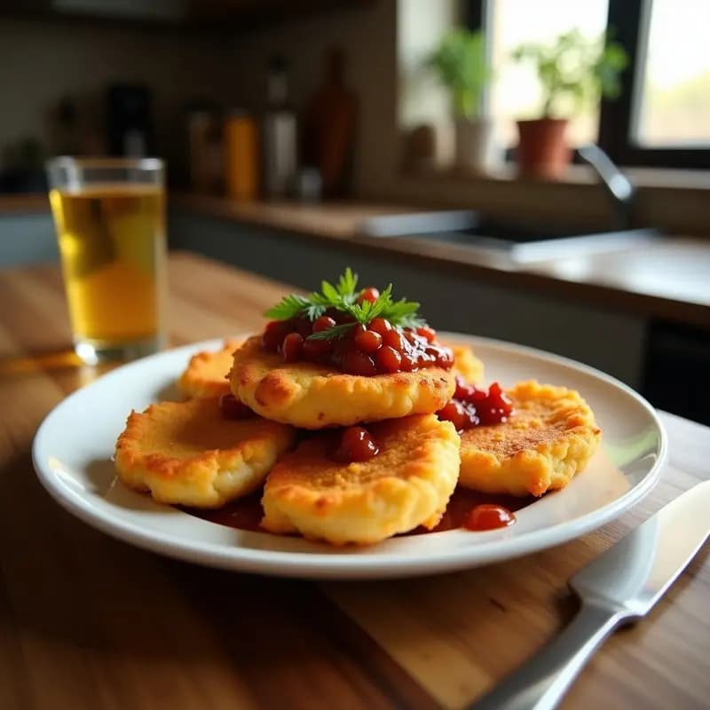 Plato blanco con nuggets de queso cheddar empanizados dorados y crujientes, cortados por la mitad para mostrar el queso fundido en el interior. Acompañados de un bol pequeño con salsa de bacon y arce, espesa y brillante, con trocitos de bacon visibles. Fondo borroso con toalla de papel absorbente y utensilios de cocina.
