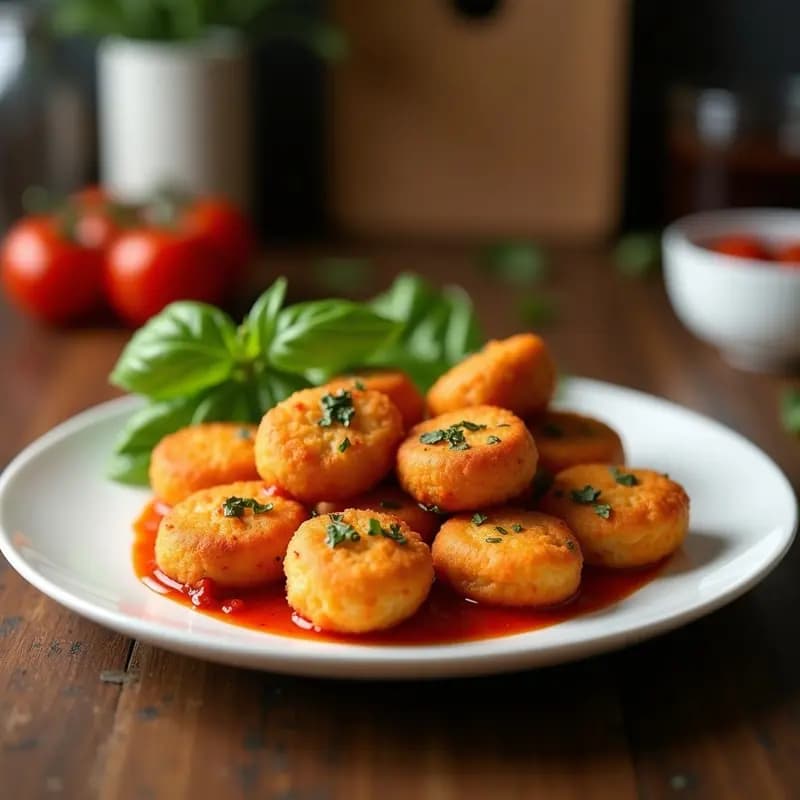 Plato blanco con nuggets de queso mozzarella empanizados dorados y crujientes, cortados por la mitad para mostrar el queso fundido en el interior, acompañados de un bol pequeño con salsa marinara espesa y brillante, decorado con hojas de albahaca fresca.