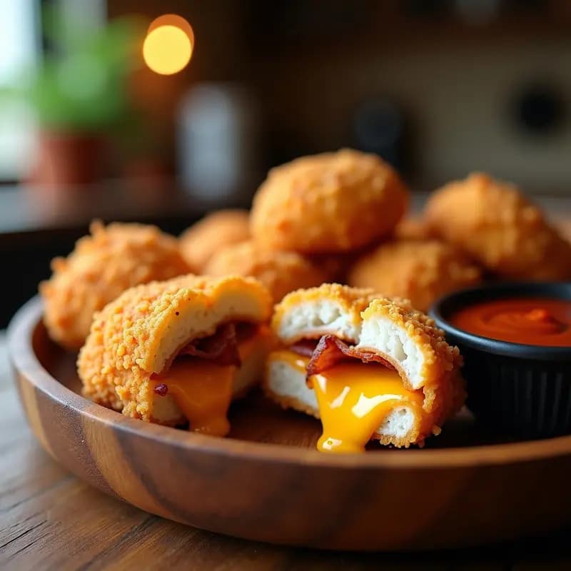 Plato de nuggets dorados y crujientes rellenos de queso fundido y bacon, servidos con salsa barbacoa en un fondo rústico.